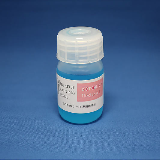 A bottle of lesion-raising VTT Injection Solution against a blue background. The contents of the bottle are also blue.