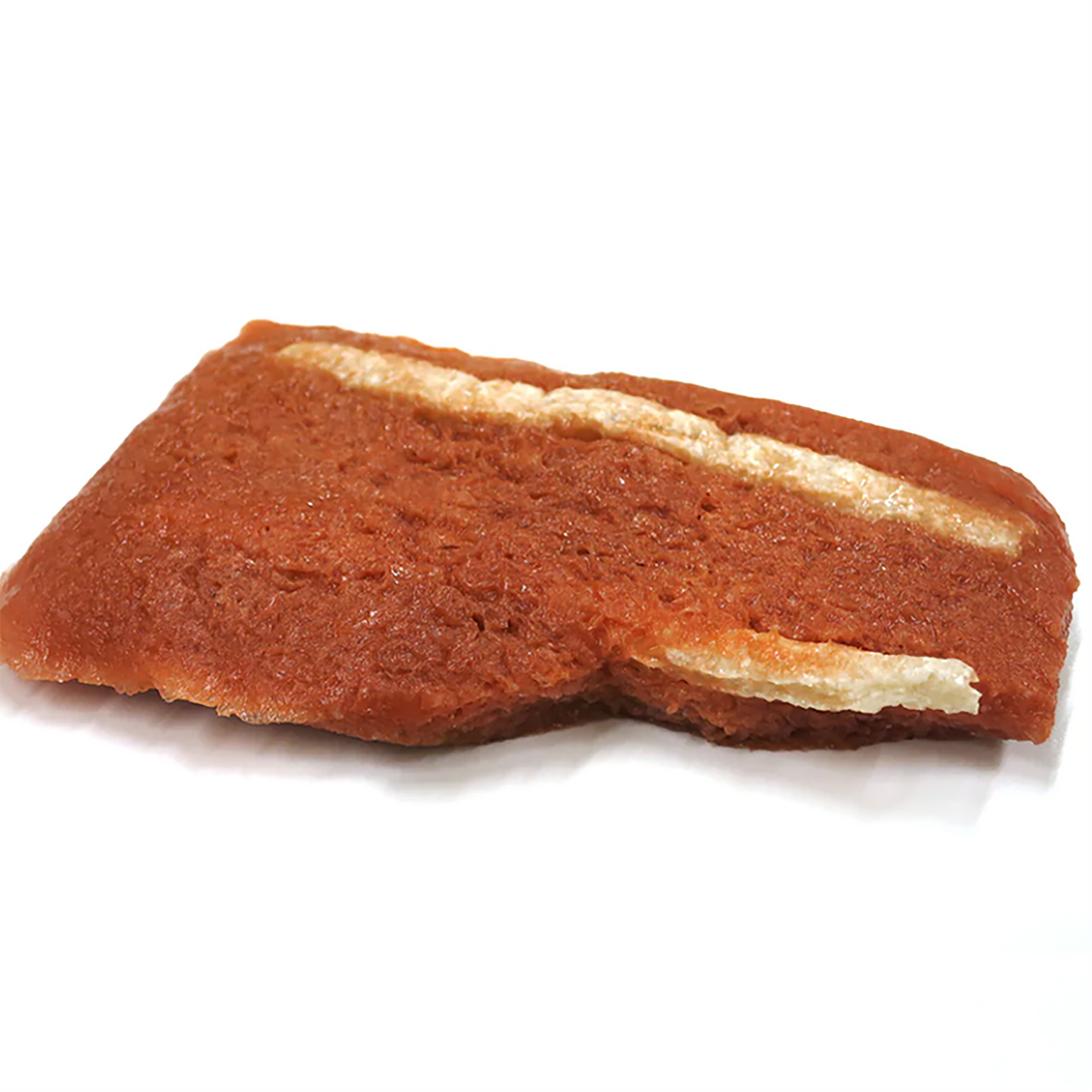 The VTT Vessel Dissection Model on a white background. It is a thin pad of red, soft tissue. Two white, dense vessels run parallel to each other embedded in the tissue. One is embedded inside the tissue at an angle.