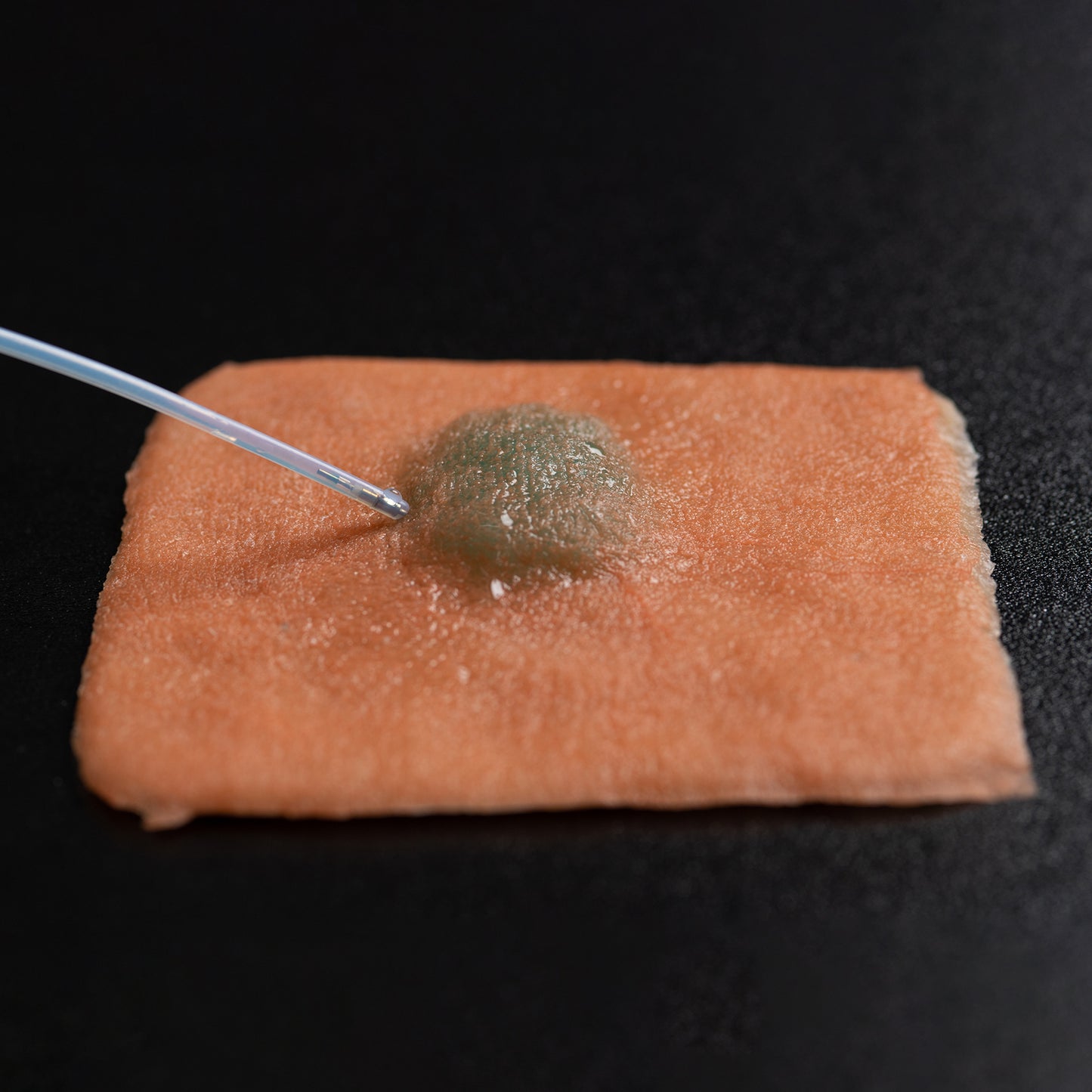 A needle injects lesion-raising VTT Injection Solution into the Mucosa Model, which sits on a black surface.