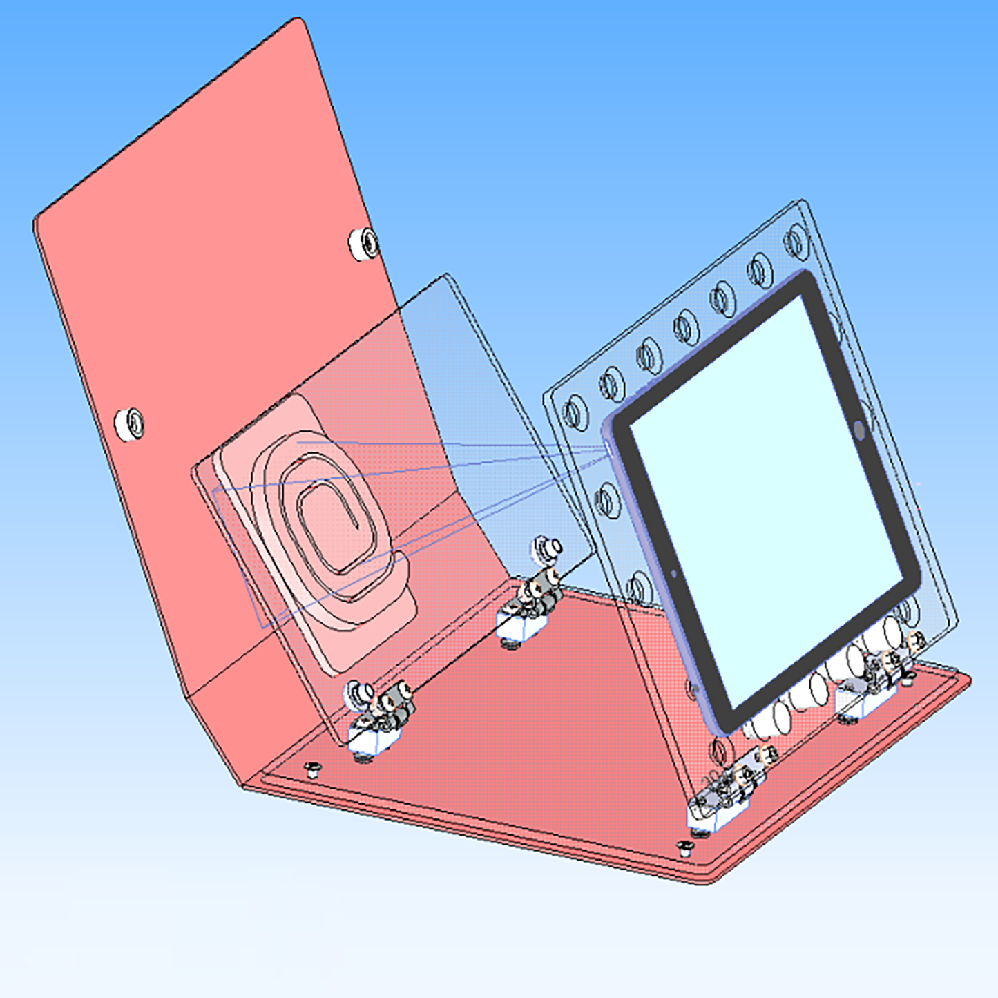 A digital illustration shows a tablet with its camera accessing the silicon suture pad beneath the clear laparoscopic wall. This is an example of how the Laparoscopic Binder works.