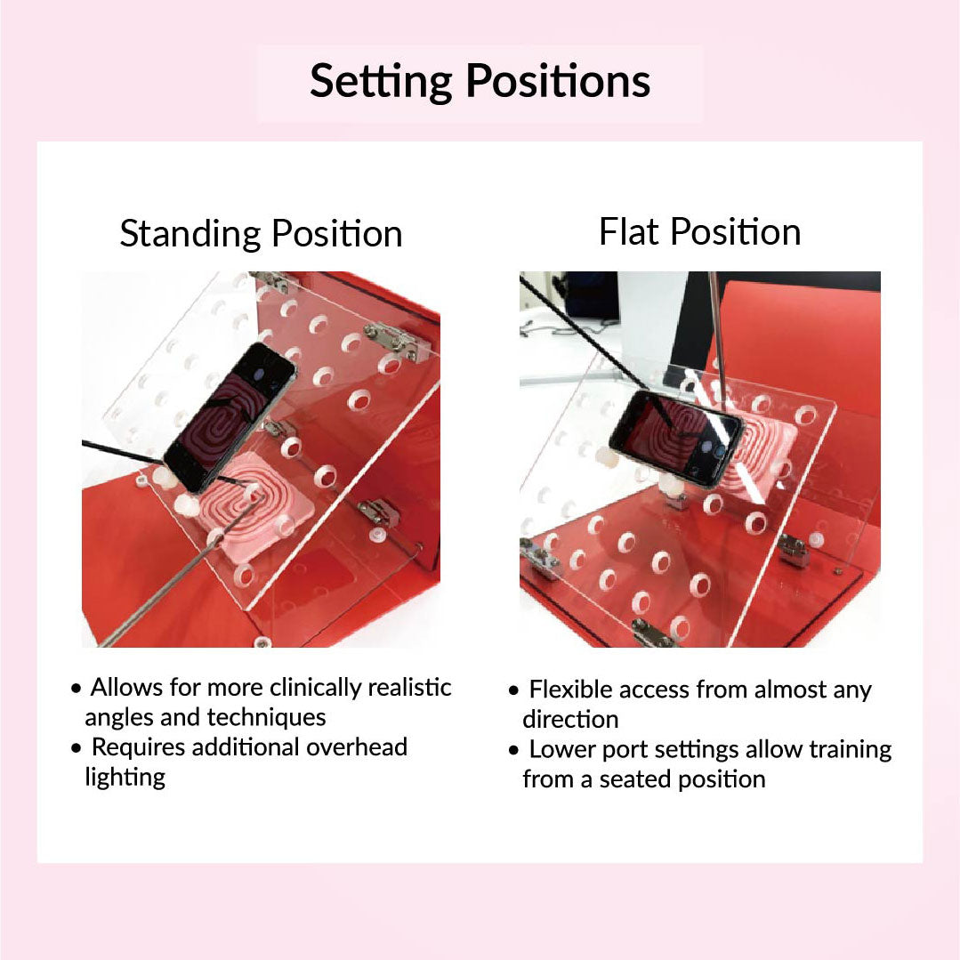 The two main setting positions for the Laparoscopic Training Binder are Standing Position and Flat Position.