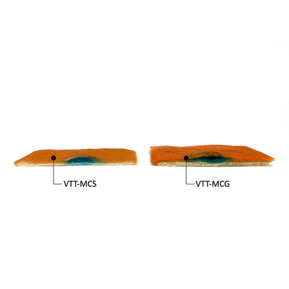 Comparison of the VTT Mucosa Model and the VTT Gastric Mucosa Model. The VTT Mucosa Model is thinner than the VTT Gastric Mucosa Model. Both have lesion-raising Injection Solution pockets beneath their mucosal layers. 