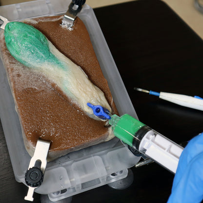 Green, plant-based synthetic gallbladder being filled with synthetic bile before a training session. 